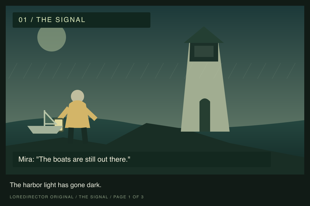 The signal — a dark lighthouse and a boat offshore